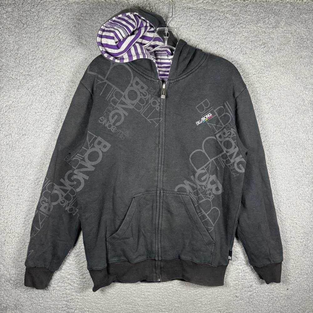 Billabong Mens Reversible Zip Hoodie Logo Purple Stripe Y2K Skater Large Surf